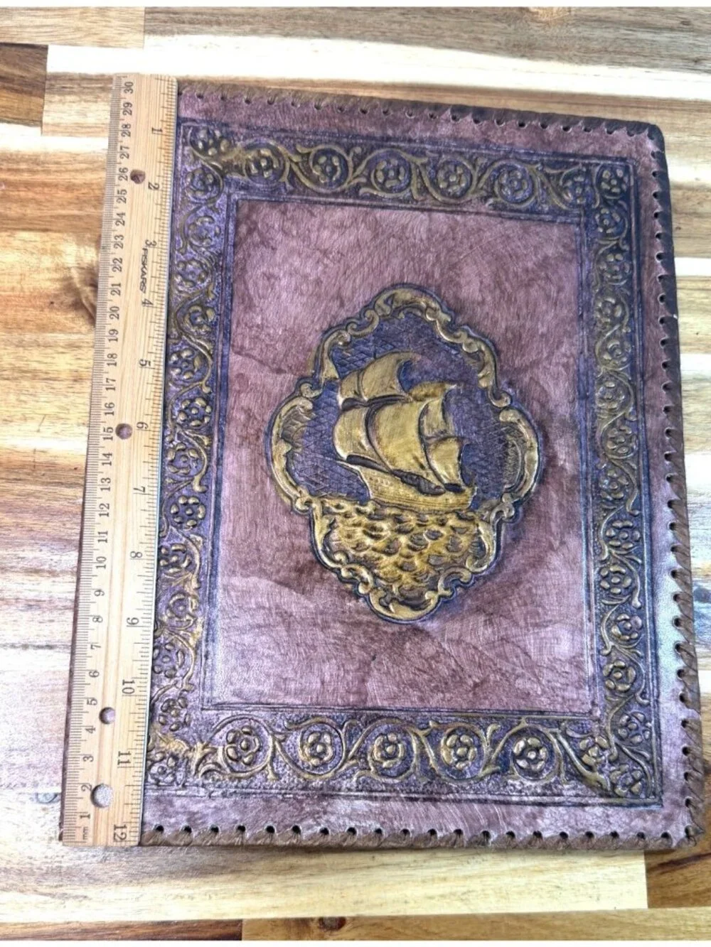 Vintage Hand-Tooled Leather like Nautical Scrapbook Photo Album - Galleon Ship D